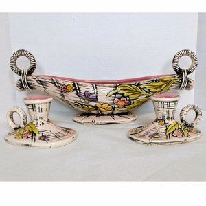 Mid-Century Pink BLOSSOM FLITE 1955 HULLS USA Candle Holders & Console Bowl Nice